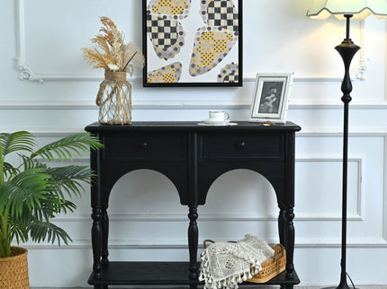 Accent Carved Console Table With Open Shelf And 2 Drawers For Living Room - Black