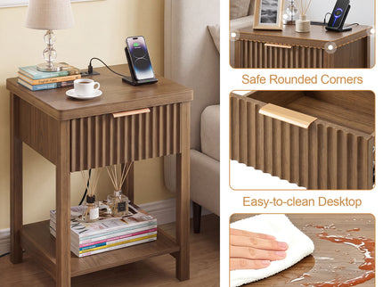 Nightstand, Bedside Table With Built In Charging Station (Set of 2) - Walnut