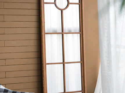 Half Round Elongated Mirror With Decorative Window Look Classic Architecture Style Solid Fir Wood Interior Decor - Brown