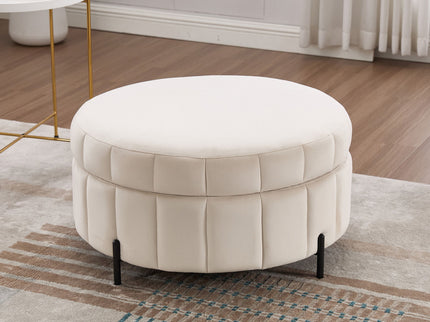 Upholstered Round Ottoman With Reversible Lid, Channel Tufted Pumpkin Shape