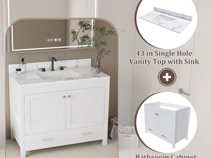 43" Bathroom Vanity With Artificial Marble Carrara Top Set, Multi Functional Bathroom Cabinet With Doors And Drawer - White