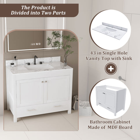 43" Bathroom Vanity With Artificial Marble Carrara Top Set, Multi Functional Bathroom Cabinet With Doors And Drawer - White