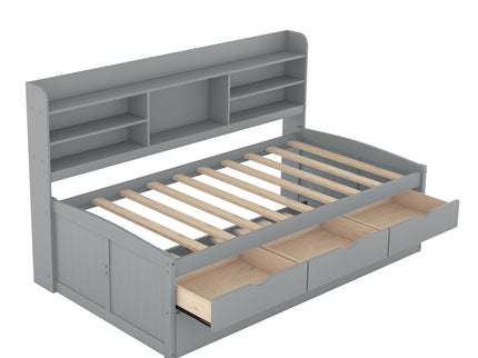 Captain Bed With Built In Bookshelves, 3 Storage Drawers, And Trundle