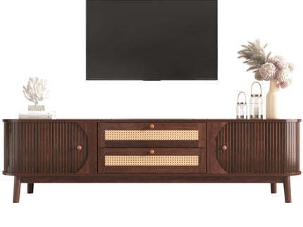 TV Stand For TVs Up To 75'', Cabinet With Drawers And Sliding Doors, Living Room Entertainment Console - Natural Wood / Brown