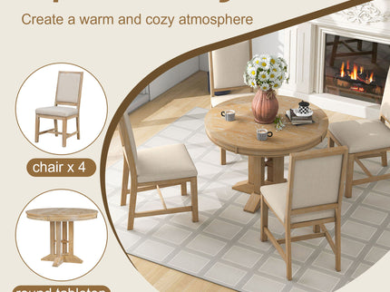 Dining Set & Extendable Round Table And 4 Upholstered Chairs
