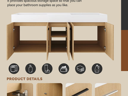 Floating Double Sink Bathroom Vanity Set With Tall Linen Cabinet, Extra Large Storage, Integrated Sink, Soft Close Doors - Glossy White / Light Oak