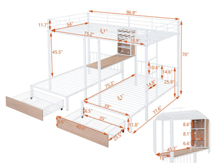 Triple Bunk Bed With Drawers, Multi-Functional Frame With Desks And Shelves In The Middle