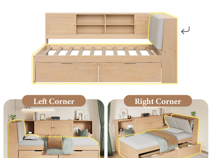 Twin L - Shaped Daybed With Storage Bookcase, Upholstered Headboard, USB Charging Ports & Hidden Drawers - Natural