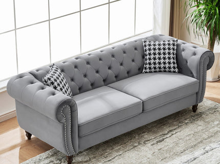 Chesterfield Upholstery Fabric Sofa With Roll Armrest & Nailhead