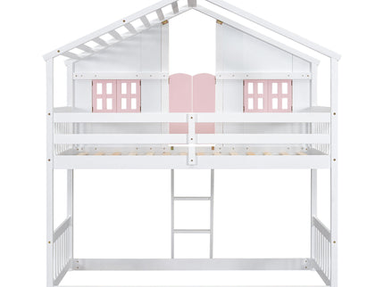 House Bunk Bed With Roof, Window, Window Box, Door, With Safety Guardrails And Ladder
