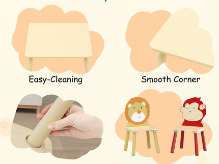 Kids Table And 2 Chairs Set, 3 Pieces Toddler Table And Chair Set, Wooden Activity Play Table Set (Lion&Monkey) - Natural