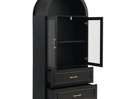 Arched Top Storage Cabinet With Fixed 2 Tier Shelves, 2 Large Drawers