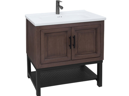 Modern Freestanding Bathroom Vanity With Ceramic Sink, Hot And Cold Faucet, Storage Cabinet & Open Shelf