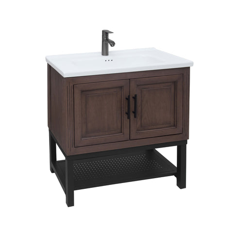 Modern Freestanding Bathroom Vanity With Ceramic Sink, Hot And Cold Faucet, Storage Cabinet & Open Shelf
