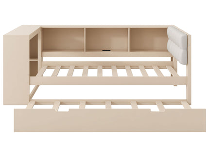 Upholstered Headboard Platform Bed With Storage Shelves, Trundle, Charging Station