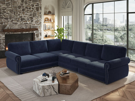 L-Shaped Sofa Couch With Pull Out Bed With Nailhead Trim & Rolled Arm