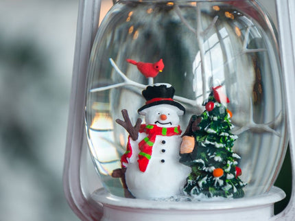 Christmas Plastic / Resin Lantern With Snowman & Tree LED / Water Spinning / 6 Hours Timer, 3*AA Batteries Required - White / Multi