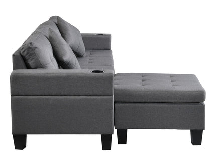 Modern Sectional Sofa Set With L Shape Chaise Lounge, Cup Holder, 4 Seat - Gray