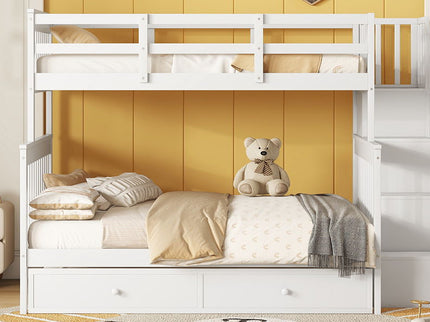 Bunk Bed With Twin Size Trundle, Storage And Guard Rail For Bedroom