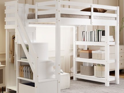 Loft Bed With 4 Layer Shelves, Storage Staircase, Small Wardrobe And LED Light