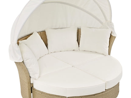 Outdoor Patio Daybed Wicker Rattan Double Daybed Round Sofa Furniture Set With Retractable Canopy, 4 Pillows For Lawn Garden