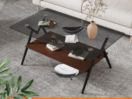 Rectangle Coffee Table With Tempered Glass Top And Shelf, Modern Table For Living Room