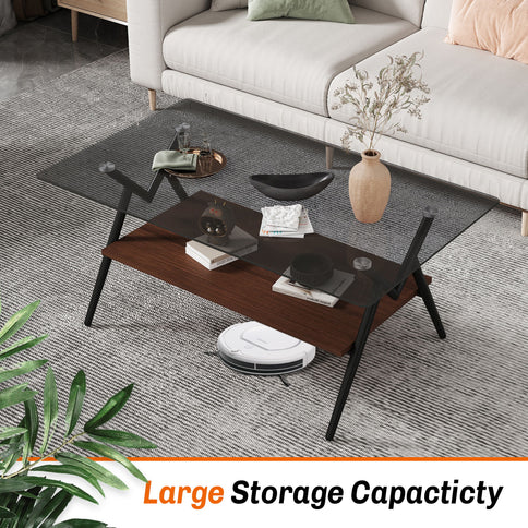 Rectangle Coffee Table With Tempered Glass Top And Shelf, Modern Table For Living Room