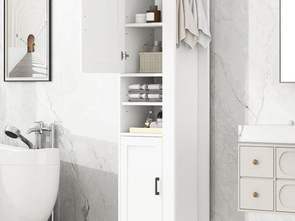 Tall Freestanding Bathroom Storage Cabinet With Adjustable Shelves And Side Hooks Board, Rectangle Design