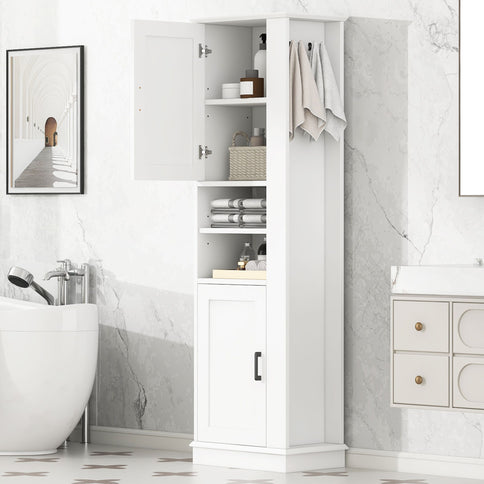 Tall Freestanding Bathroom Storage Cabinet With Adjustable Shelves And Side Hooks Board, Rectangle Design