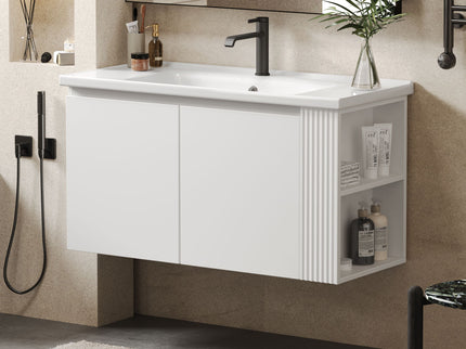 Wall Mounted Bathroom Vanity With Sink, 2 Open Shelves - White