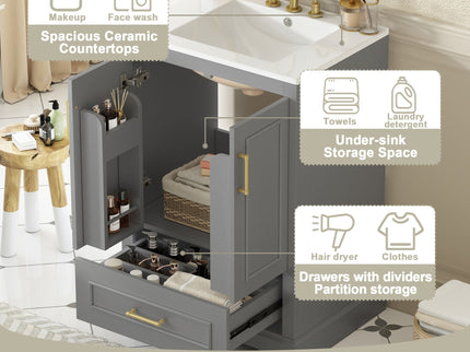 Bathroom Vanity With Sink, 1 Divided Drawer And 2 Soft Close Doors With Double Shelf