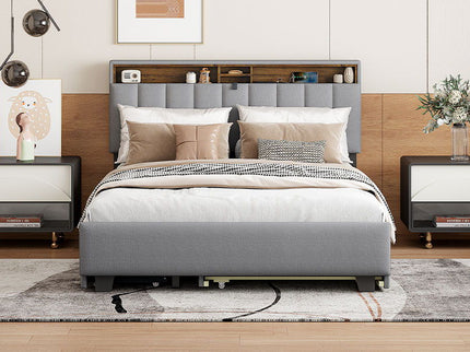 Upholstered Platform Bed With Storage Headboard, Trundle & 2 Drawers And A Set Of Sockets & USB Ports