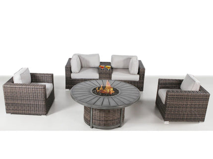 Patio Seating Group For 4 With Cushions And Fire Pit Table - Brown