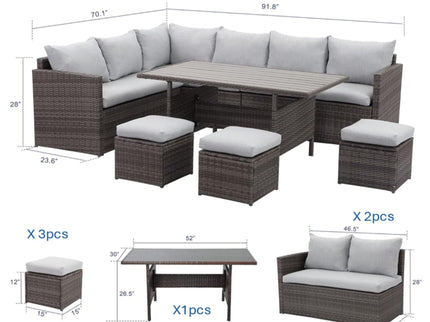7 Piece Outdoor Dining Set With Cushions, Modular Sectional Sofa And Table
