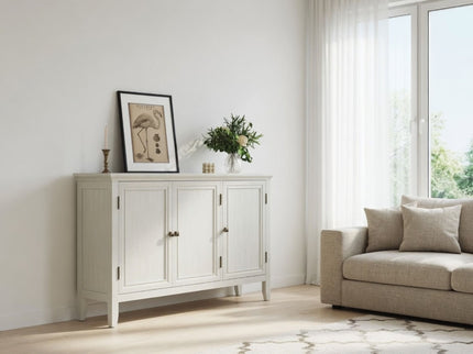 3 Door Buffet Cabinet With Adjustable Shelves - Matte White / Grayish