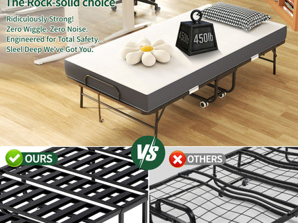 Twin Extra Long Folding Bed For Tall People, Heavy-Duty Rollaway Guest With Memory Foam Mattress - Black