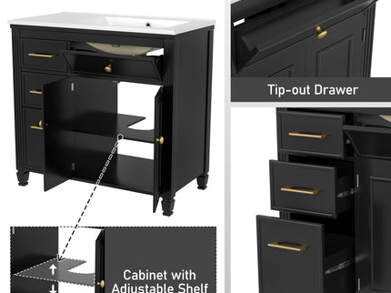 Modern Bathroom Vanity With Ceramic Sink, Freestanding, One Tip Out Drawer, 3 Side Drawers, Adjustable Shelf
