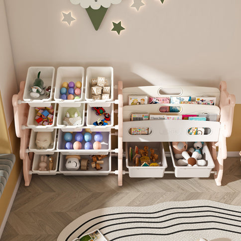 Kids Toy Storage Organizer With 2 Tier Bookshelf, Toy Storage With 12 Bins