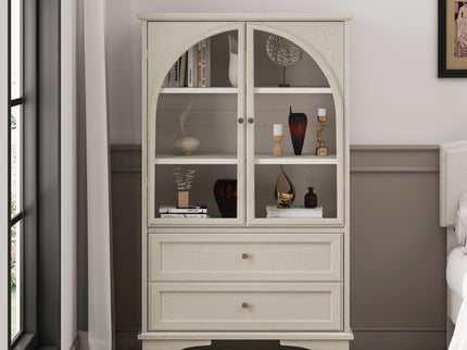 Glass Door Display Case With 2 Drawers And Adjustable Shelf