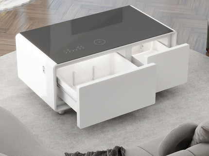 Modern Smart Coffee Table With Built-In Fridge - tooth Speaker, Wireless Charging, Touch Control Panel, USB Interface, Outlet Protection, Atmosphere Light