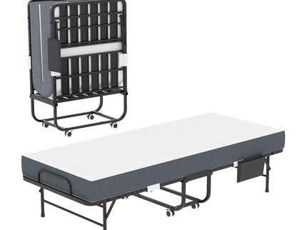 Twin Folding Bed With Memory Foam Mattress, On Wheels, Portable Bed For Adults & Guests - Black