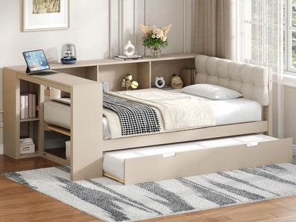 Upholstered Headboard Platform Bed With Storage Shelves, Trundle, Charging Station