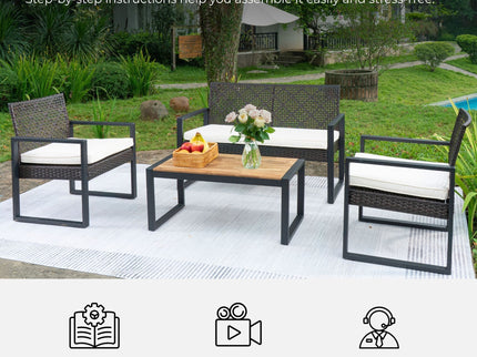 4 Piece Patio Furniture Set With Acacia Wood Table Top And Cushions