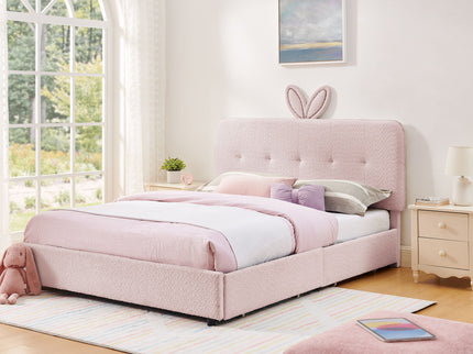 Upholstered Bed With Oversized Rabbit Ear Headboard, LED Lights & 4 Storage Drawers