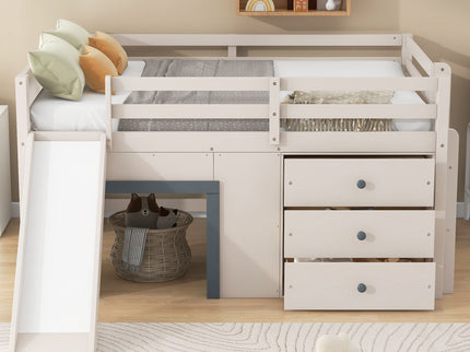 Modern Low Loft Bed With Slide, 3 Storage Drawers, And 2 Doors