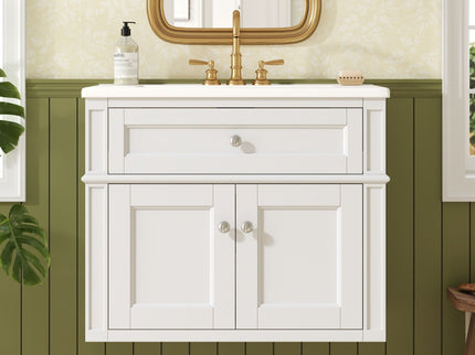 Wall Mounted Bathroom Vanity With Tip Out Drawer And Open Back Design
