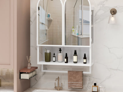 Double Arched Mirror Wall Cabinet With 2 Doors, Featuring Adjustable Shelves And Towel Rack