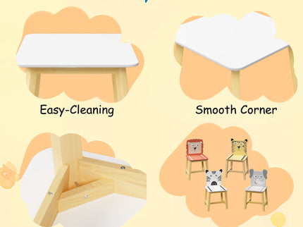 Kids Table And Chair Set With Cartoon Animals Design - White