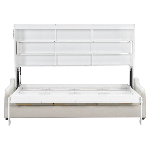 Murphy Cabinet Bed With Folding Sofa, Built In Storage Shelves And LED Light