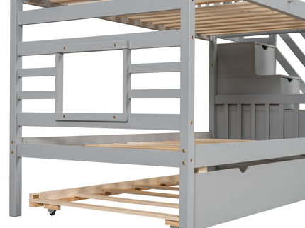 House Bunk Bed With Trundle, Storage Staircase, Roof And Window Design